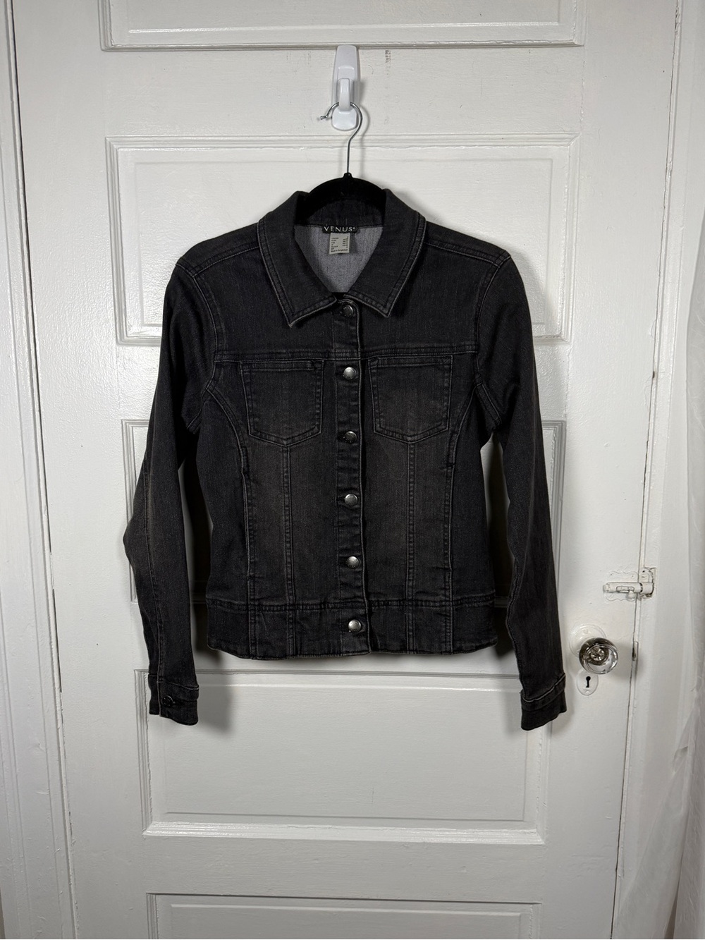 VENUS Black Denim Jacket Button Front Cotton Stretch Classic Casual Outdoor S